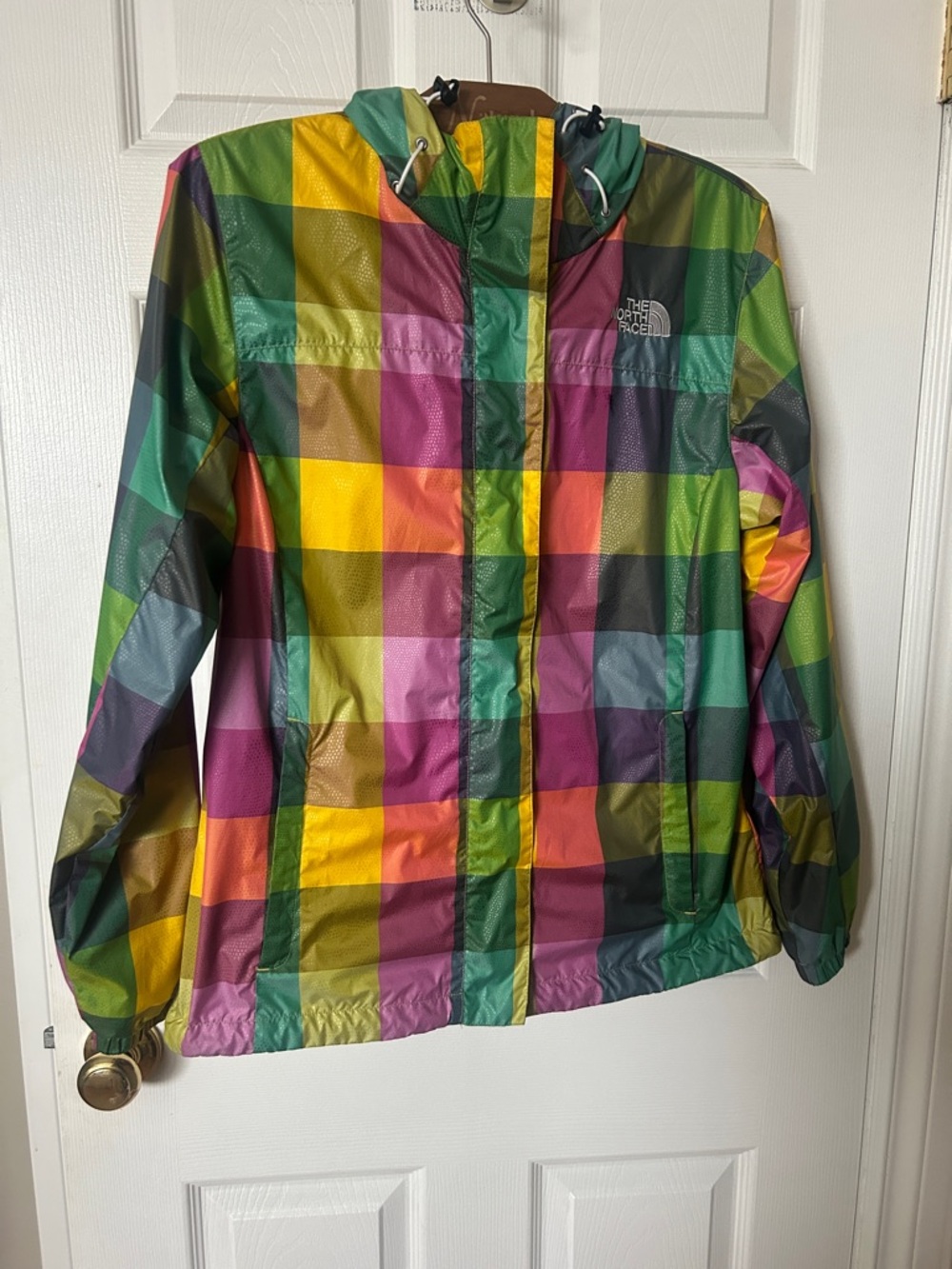 The North Face Womens Multicolor Plaid Hooded Windbreaker Shell Like New Preppy